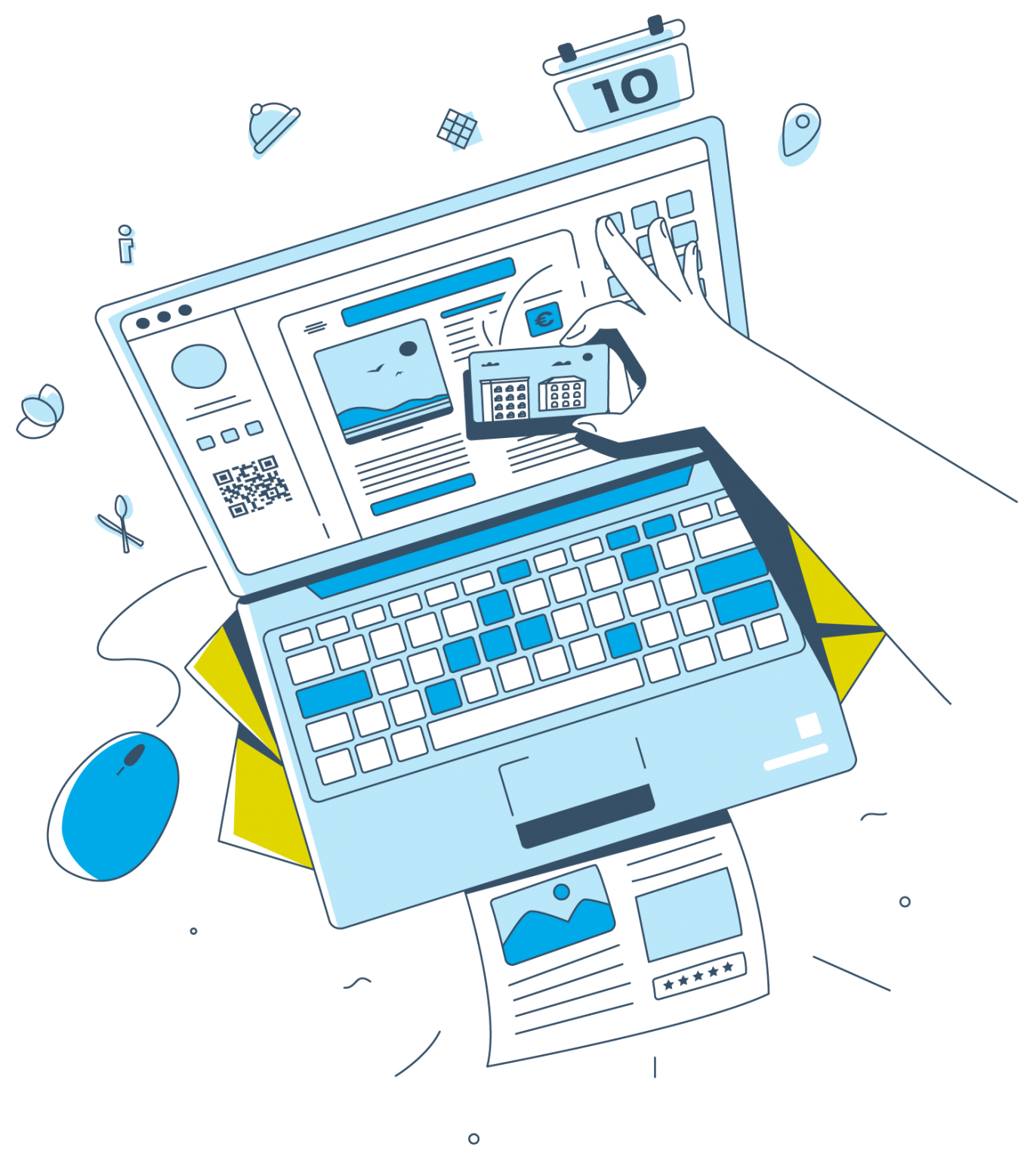 Graphic showing how the hotel newspaper is created quickly and easily using the online editor with drag-and-drop feature
